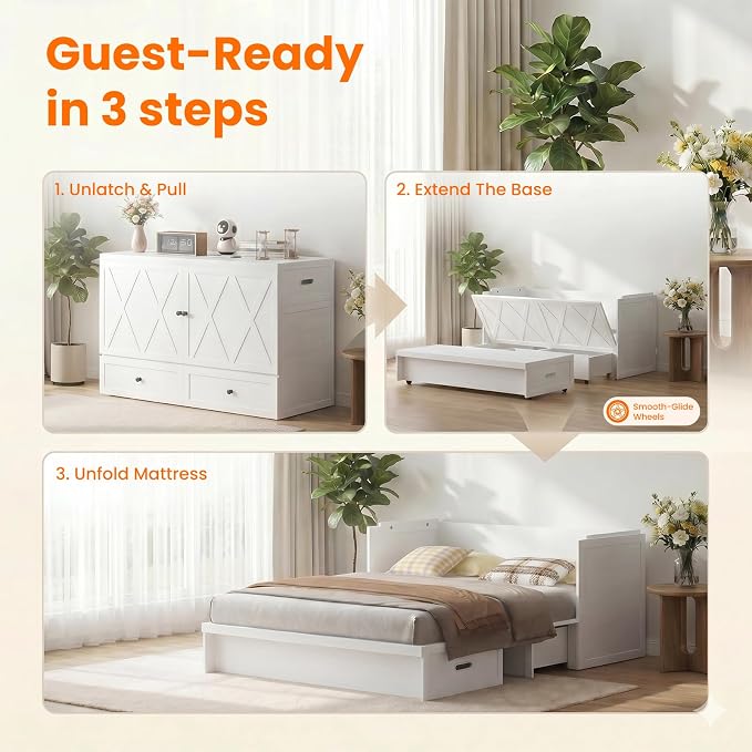 CECER Murphy Bed Queen with Mattress Included for Guest/Small Space-White | Built-in Multi-Port Charging Station ＆ Large Storage Drawer，Space Saving ＆ Easy Assemble and Conversion