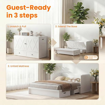 CECER Murphy Bed Queen with Mattress Included for Guest/Small Space-White | Built-in Multi-Port Charging Station ＆ Large Storage Drawer，Space Saving ＆ Easy Assemble and Conversion