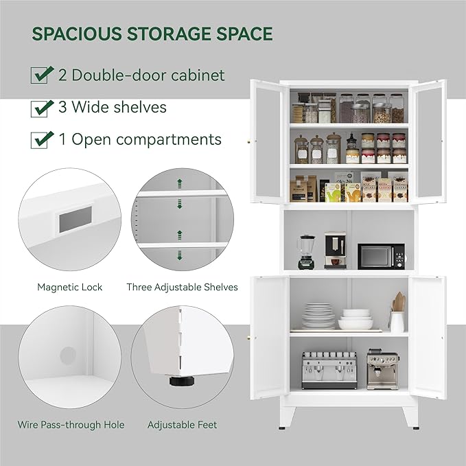 COFaR 69" Tall Modern Kitchen Pantry,Metal Storage Cabinet with Shelves ＆ Glass Doors for Display,Pantry Storage Cabinet,Freestanding Cupboard for Kitchen,Dining Room,Living Room,Bathroom,White