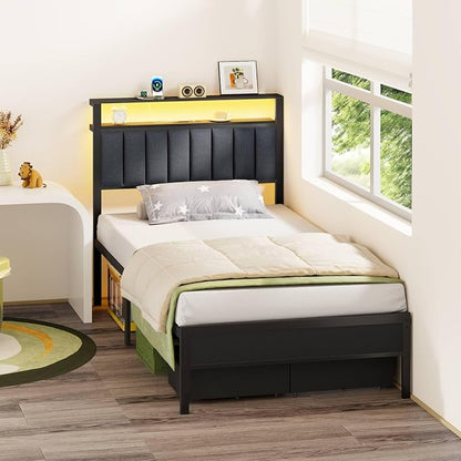Furnulem Twin Bed Frames with Storage Drawers and Upholstered Headboard | Grey Metal Platform Bed with Charging Station, LED Lights, 2 Tier Shelves, Fabric Drawers. No Box Spring Needed, Noise Free