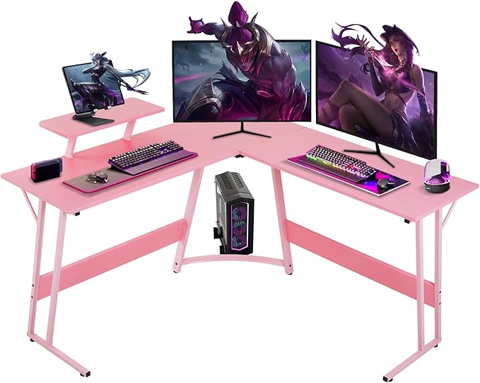 51 Inch L Shaped Gaming Desk Corner Computer Desk with Detachable Monitor Stand for Home Office Learning Gaming Workstation,Pink