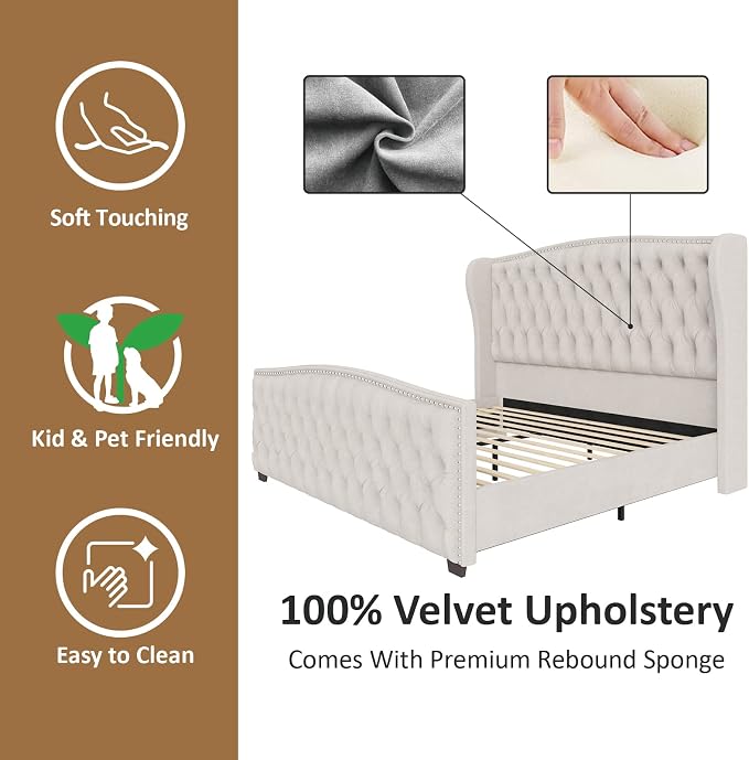 AMERLIFE California King Size Platform Bed Frame, Velvet Upholstered Bed with Deep Button Tufted & Nailhead Trim Wingback Headboard/No Box Spring Needed, Cream