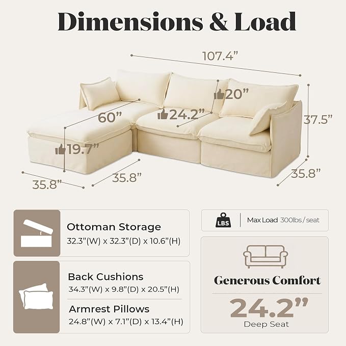 Cloud Modular Sectional Sofa, Oversized Deep Seat Comfort, Luxe Chenille | Fully Removable Washable Covers, Memory Foam Seat Cushions, Storage Ottoman, Premium Fabric