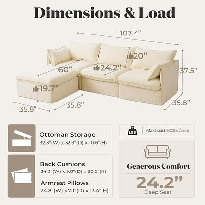 Cloud Modular Sectional Sofa, Oversized Deep Seat Comfort, Luxe Chenille | Fully Removable Washable Covers, Memory Foam Seat Cushions, Storage Ottoman, Premium Fabric