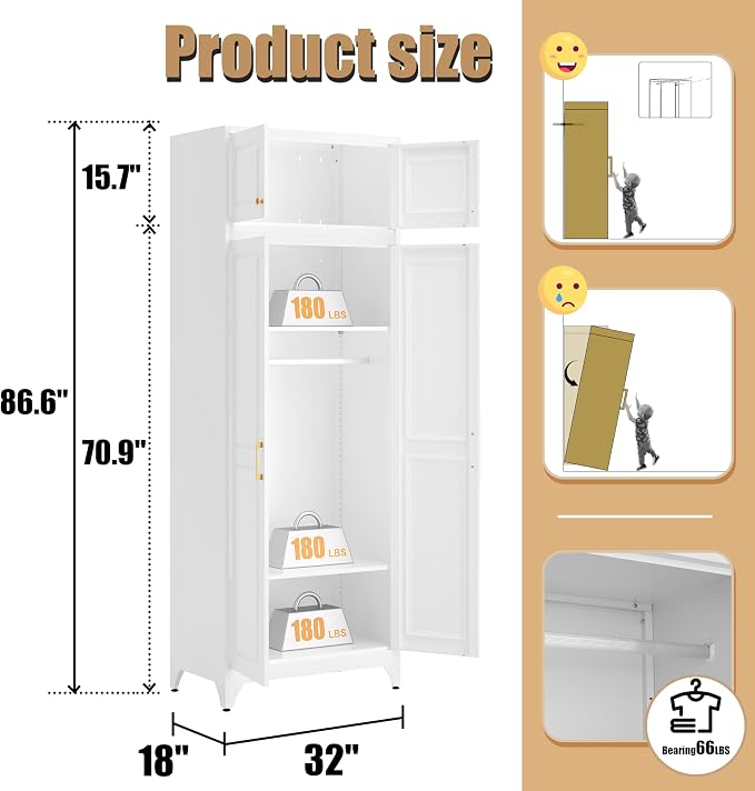 Armoire Wardrobe Closet with Hanging Rod, 86.6"Tall Metal Clothes Storage Cabinet with Doors and Adjustable Shelves, White Wardrobe Cabinet, Steel Closet for Bedroom, Bathroom, Office, School