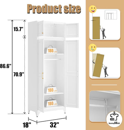 Armoire Wardrobe Closet with Hanging Rod, 86.6"Tall Metal Clothes Storage Cabinet with Doors and Adjustable Shelves, White Wardrobe Cabinet, Steel Closet for Bedroom, Bathroom, Office, School