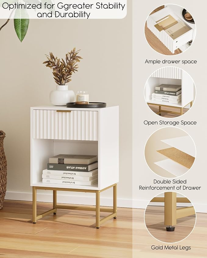 Masupu White Nightstand, Fluted Night Stand, Wood Bedside Table with Storage Drawer, Modern Side End Table for Bedroom, White