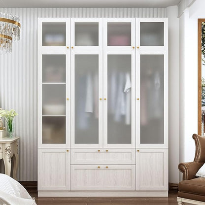 MOUMON Wide Modern Bedroom Armoires with Frosted Glass Doors and Hanging Rod, Tall Wardrobe with Drawers, Large Armoire Wardrobe Closet, Wood Grain 63" W x 19.7" D x 86.6" H