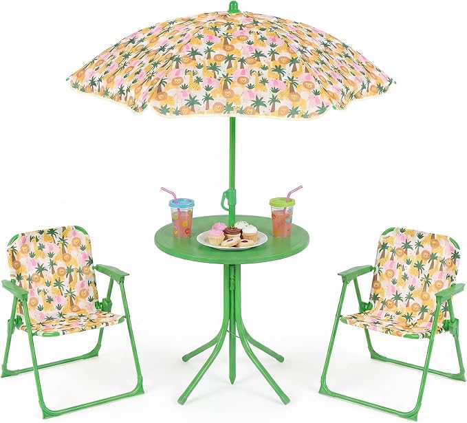 Costzon Kids Picnic Table, Kids Outdoor Table with 2 Folding Chairs, Height Adjustable Umbrella, Portable Children Outdoor Furniture for Patio, Garden, Backyard (Green Forest)