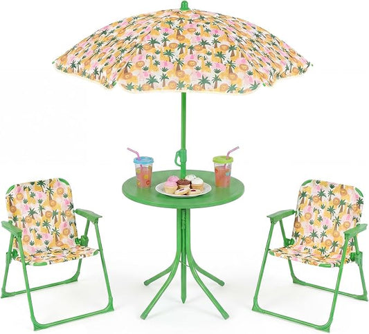 Costzon Kids Picnic Table, Kids Outdoor Table with 2 Folding Chairs, Height Adjustable Umbrella, Portable Children Outdoor Furniture for Patio, Garden, Backyard (Green Forest)