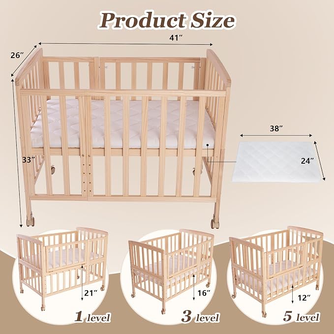 Flwrgirl Convertible Mini Baby Crib - Portable Bedside Bassinet with Mattress Included,5 Heights Baby Crib with Wheels for Newborns,Infant 0-18 Months,Unpainted
