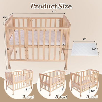 Flwrgirl Convertible Mini Baby Crib - Portable Bedside Bassinet with Mattress Included,5 Heights Baby Crib with Wheels for Newborns,Infant 0-18 Months,Unpainted