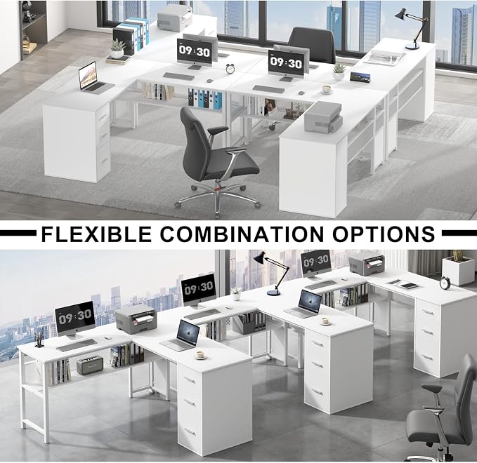 LVB Reversible L Shaped Desk with Drawers, White Computer Desk with Storage | 59" Adjustable Modern Executive Office Desks, Adjustable Corner Design for Gaming Spaces and Home Workstations