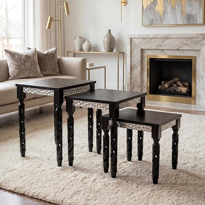 Hyfirm Black Nesting Tables Set of 3 - Mid Century Modern Accent End Tables with Durable Veneered Top, Spiral Wood Legs & Hexagonal Silver Apron, Ideal for Living Room, Bedroom & Small Apartments