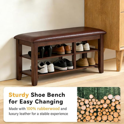 PY HOME & SPORTS Shoe Rack for Entryway 31.5": 2-Tier Shoe Storage Bench, Adjustable/Removable Shelves, Rubberwood Shoe Benches for Hallway, Porch, Bathroom, Brown