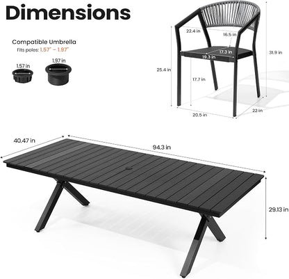 Pellebant Aluminum 11-Piece Outdoor Dining Table Set for 8-10 Person | Patio Stackable Chair with U-Shaped Wicker Backrest, 94" Table with Wood-Grain Top & Umbrella Hole, Aluminum Frame Furniture