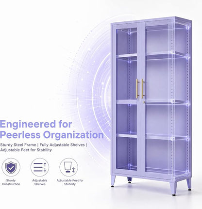 Lockable 61 Inch Tall Metal Storage Cabinet with Adjustable Shelves,4-Tier Steel Storage Locker,2-Door Metal Display Cabinet for Bedroom,Living Room, Home Office Purple