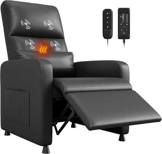 GarveeHome Power Recliner Chair with Massage and Heat, Adjustable Electric Recliner Ergonomic Overstuffed PU Leather Single Sofa, 2 Side Pockets and USB Port, Home Theater Seating for Living Room