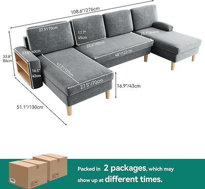 YITAHOME 109" U-Shaped Couch, 4-Seat Cloud Sofa with Dual Chaise Lounges, Storage Armrest, Cup Holder & Thick Cushions for Living Room