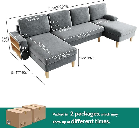 YITAHOME 109" U-Shaped Couch, 4-Seat Cloud Sofa with Dual Chaise Lounges, Storage Armrest, Cup Holder & Thick Cushions for Living Room