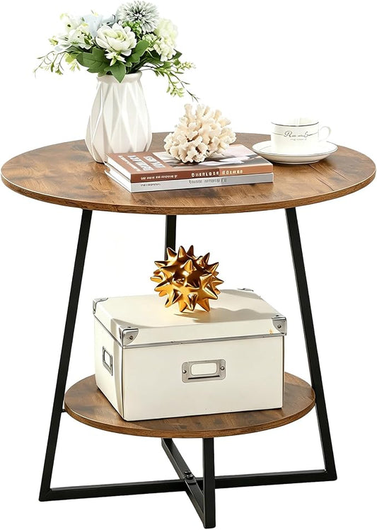 D&H FURNIMMT 20" Round End Table, Industrial 2-Tier Side Table, Metal Frame Nightstand Accent Table for Living Room Bedroom Small Spaces, Rustic Brown & Black