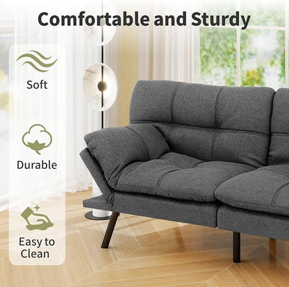 Vipbear 71" Futon Sofa Bed - Convertible Sofa Beds/Adjustable Backrest & Armrest, Comfy Loveseat Sleeper for Small Spaces, Apartments & Offices,Linen Fabric Grey Futons