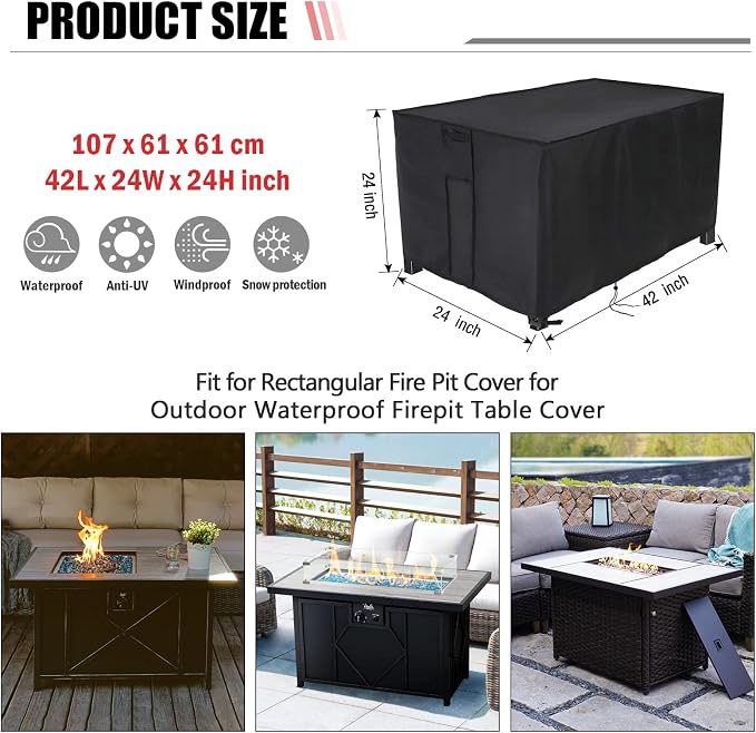 Fire Pit Cover Rectangular 42 Inch, Propane Gas Fire Pit Table Cover,Outdoor Waterproof Firepit Table Cover - 42 X 24 X 24 Inch