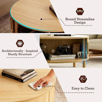 ZttRiee Round Coffee Table with Sliding Doors, Modern, Natural | Ø30.0"D x 16.3"H, 200 lbs capacity, dual sliding-door storage, ~45 min assembly.