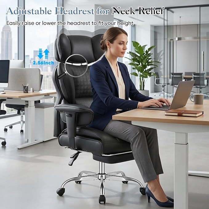 DUMOS Big and Tall Home Office Desk Chair, Ergonomic Executive Chair with Footrest, Computer Gaming Chairs with High Back Reclining, Adjustable Armrests and Comfy Lumbar Support, PU Leather, Black