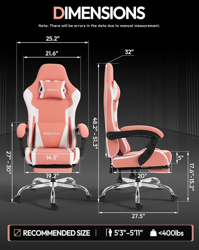 Dowinx Ergonomic Pink Gaming Chair with Footrest & Massage Lumbar, 2D-Linkage Armrests for Cute Aesthetic Esports Chair for Girls, Office, Home and Long Gaming Sessions, Pink