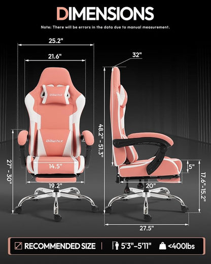 Dowinx Ergonomic Pink Gaming Chair with Footrest & Massage Lumbar, 2D-Linkage Armrests for Cute Aesthetic Esports Chair for Girls, Office, Home and Long Gaming Sessions, Pink