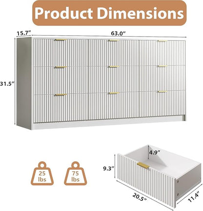 MAISONARIA 3-Piece Dresser Bedroom Set, 9 Drawer Dresser & 3 Drawer Dresser with Gold Handles, Fluted Wood Chest of Drawers for Bedroom, Living Room, Entryway, White