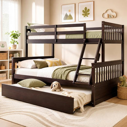 NAFORT Twin Over Full Bunk Bed with Trundle, Solid Wood Bunk Bed Frame, Ladder & Guardrails, Converts to 2 Platform Beds for Kids/Teens/Guests (Espresso, Twin Over Full with Trundle)