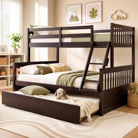 NAFORT Twin Over Full Bunk Bed with Trundle, Solid Wood Bunk Bed Frame, Ladder & Guardrails, Converts to 2 Platform Beds for Kids/Teens/Guests (Espresso, Twin Over Full with Trundle)
