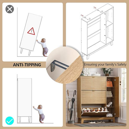 Shoe Cabinet Storage for Entryway with 3 Flip Drawers & Side Cabinet, Fluted Narrow Shoe Organizer with Wooden Leg, Freestanding Shoe Storage Hidden Shoe Rack Organizer for Front Door Entrance, Oak