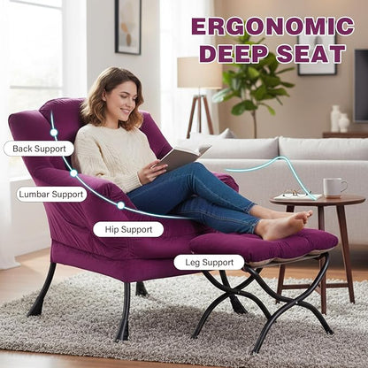 Lazy Chair with Ottoman, Modern Accent Chair Lounge Leisure Sofa Chair with Armrests, Reading Chair and Folding Footstool for Living Room, Bedroom, Office, Plush Pink