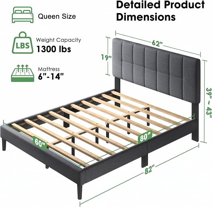 Marsail Queen Upholstered Bed Frame, Solid Wood Adjustable Headboard, 12 Support Legs Hold Up to 1300 Lbs, Sturdy & Durable, Fits 6"-12" Mattresses, Ideal Height, Easy Assembly, Dark Gray