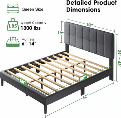 Marsail Queen Upholstered Bed Frame, Solid Wood Adjustable Headboard, 12 Support Legs Hold Up to 1300 Lbs, Sturdy & Durable, Fits 6"-12" Mattresses, Ideal Height, Easy Assembly, Dark Gray