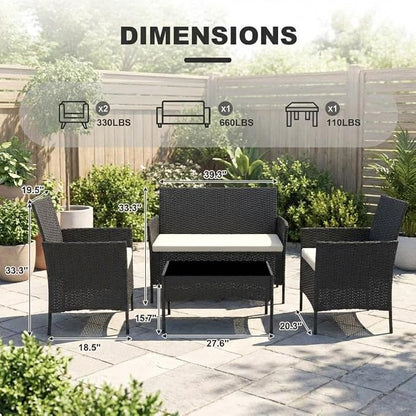 4PCS Outdoor Patio Bistro Set, PE Rattan Wicker Armchairs, Black/Beige