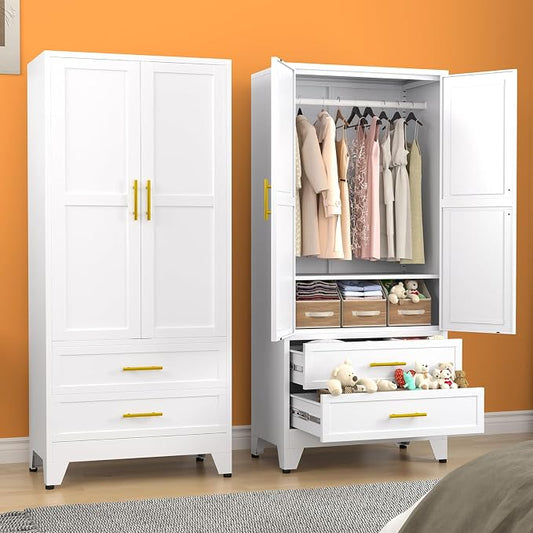erosoei Metal Armoire Wardrobe Closet, 71 "Metal Clothing Storage Cabinet | with Adjustable Shelves and Hanging Rod, Household Steel Wardrobe Storage Cabinet with Drawers (armoire-white)
