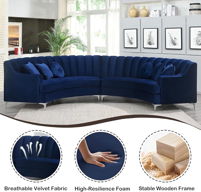 Legend Vansen Semicircle Modular Curved Velvet Sectional Sofa,141.34”Oversized Arc Sofa,Modern Cloud-Like Deep Seat Couch for Living Room Apartment Office Conference Space (2, Blue)