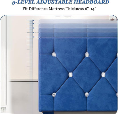 VECELO Twin Size Bed Frame, Upholstered Platform with Adjustable Diamond Tufted Headboard, Wood Slat Support, No Box Spring Needed, Navy Blue