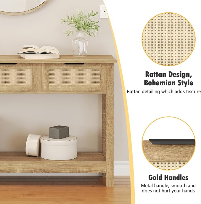 Luoxiao Rattan Console Table 3-Drawer 47" Narrow Wood Entryway Sofa Table | Trendy Boho Hallway Foyer Storage, Open Shelf, Sturdy Entry Table for Living Room, Couch, Easy Assembly, Anti-Tip, Natural