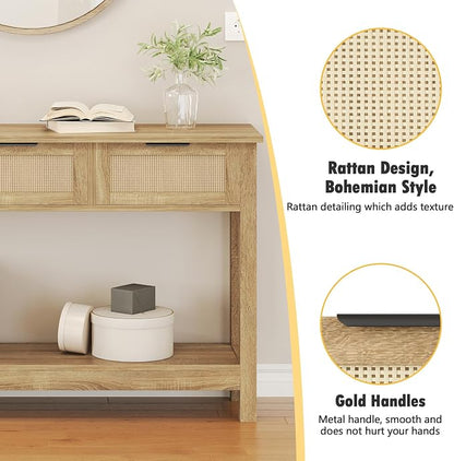 Luoxiao Rattan Console Table 3-Drawer 47" Narrow Wood Entryway Sofa Table | Trendy Boho Hallway Foyer Storage, Open Shelf, Sturdy Entry Table for Living Room, Couch, Easy Assembly, Anti-Tip, Natural