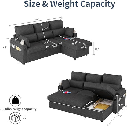 L-Shaped Sectional Sofa with Storage, Reversible Sleeper Sofa Couch with Chaise, Soft Fabric Upholstered Modular Couch with Cup Holder & Side Pockets, 1000lbs Capacity for Living Room (Black, 3-Seat)