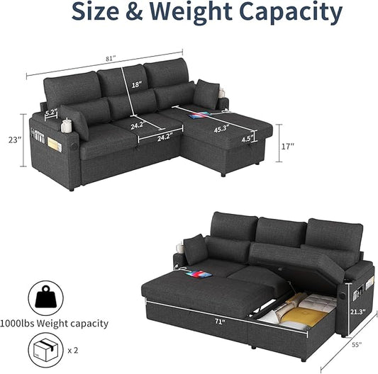 L-Shaped Sectional Sofa with Storage, Reversible Sleeper Sofa Couch with Chaise, Soft Fabric Upholstered Modular Couch with Cup Holder & Side Pockets, 1000lbs Capacity for Living Room (Black, 3-Seat)