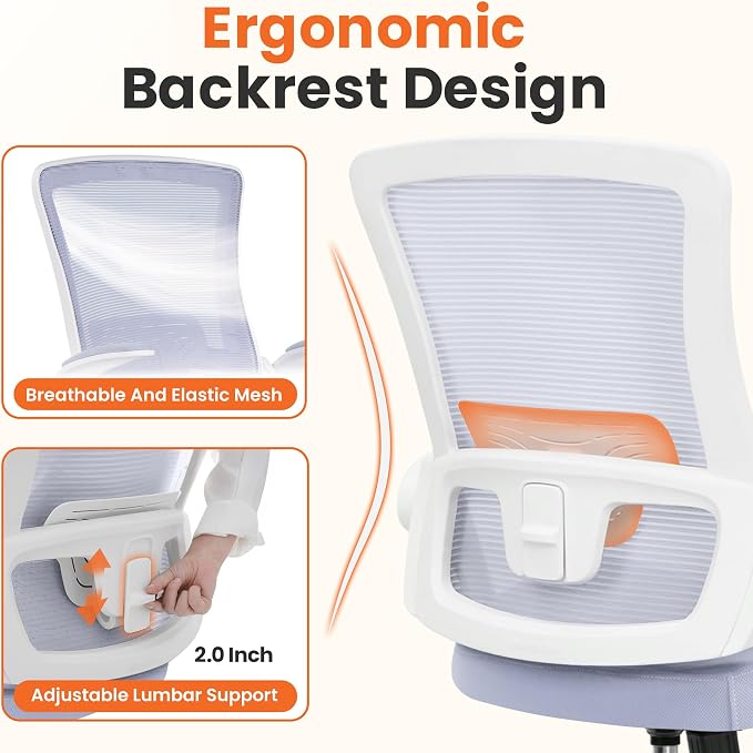 NEO Chair Office Desk Gaming Chair Computer High Back Mesh Seat with Rolling Wheels Ergonomic Adjustable Comfy Flip-up Armrests Lumbar Support Height for Home (Purple White Frame)