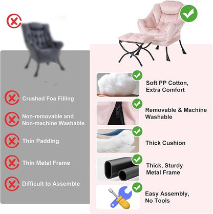 Furlide Lazy Chair with Ottoman, Modern Chair with Folding Footrest, Lounge Accent Chair, Comfortable Reading Chair, Oversized Armchairs for Bedroom, Study, Living Room, Courtyard (Pink)