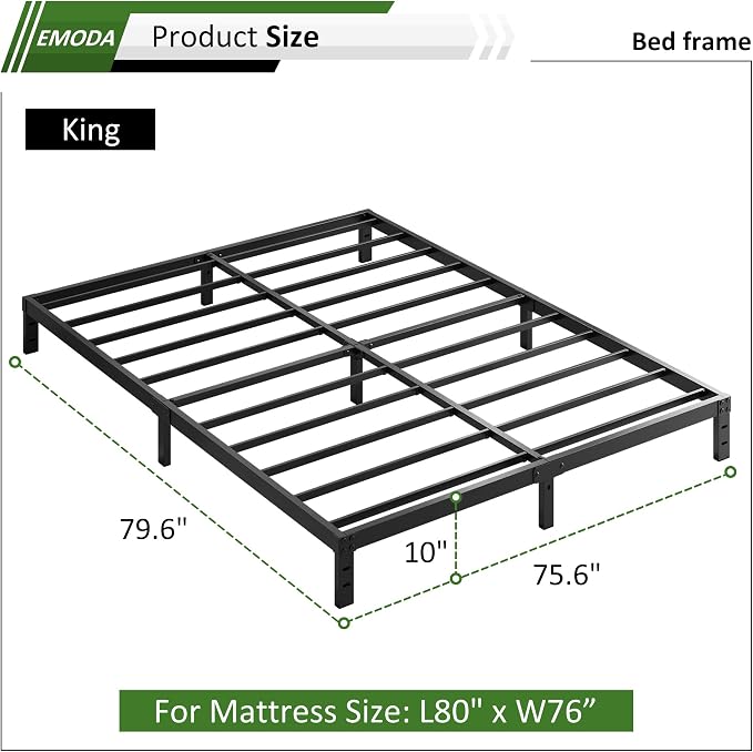 EMODA 10 Inch King Bed Frame No Box Spring Needed, Heavy Duty Metal Platform with Steel Slats, Noise Free, Easy Assembly, Black