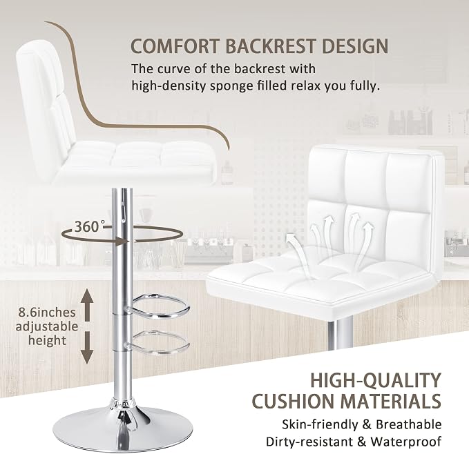 Furniwell Bar Stools Modern Pu Leather Swivel Adjustable Barstools Armless Counter Height Swivel Bar Stool Synthetic Leather Height Square Barstool with Set of 2 (White)